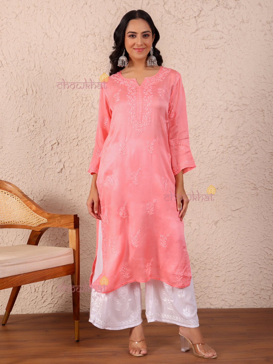 Asma Modal Satin Straight Chikankari Kurti - Chowkhat Lifestyle