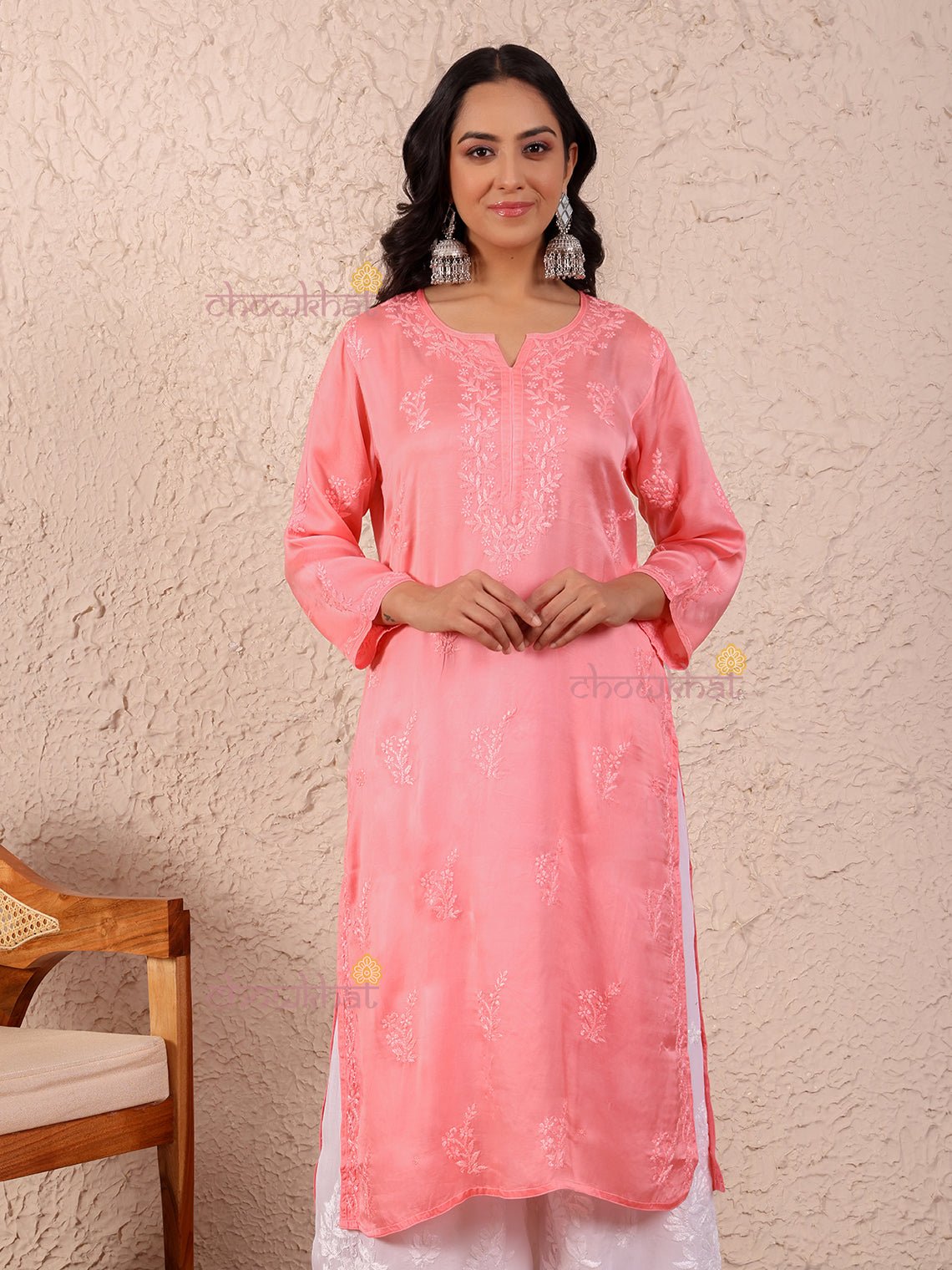 Asma Modal Satin Straight Chikankari Kurti - Chowkhat Lifestyle