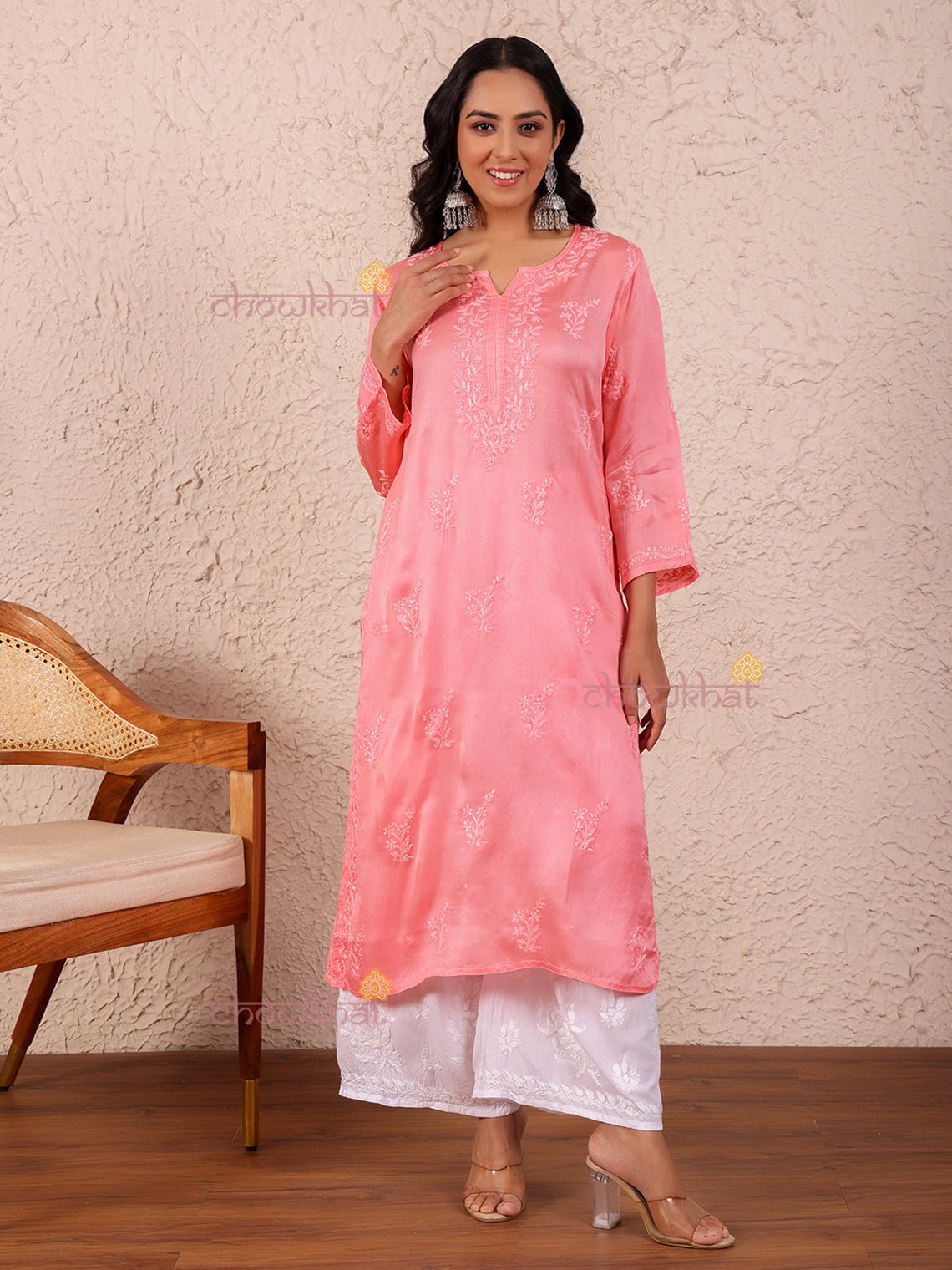 Asma Modal Satin Straight Chikankari Kurti - Chowkhat Lifestyle