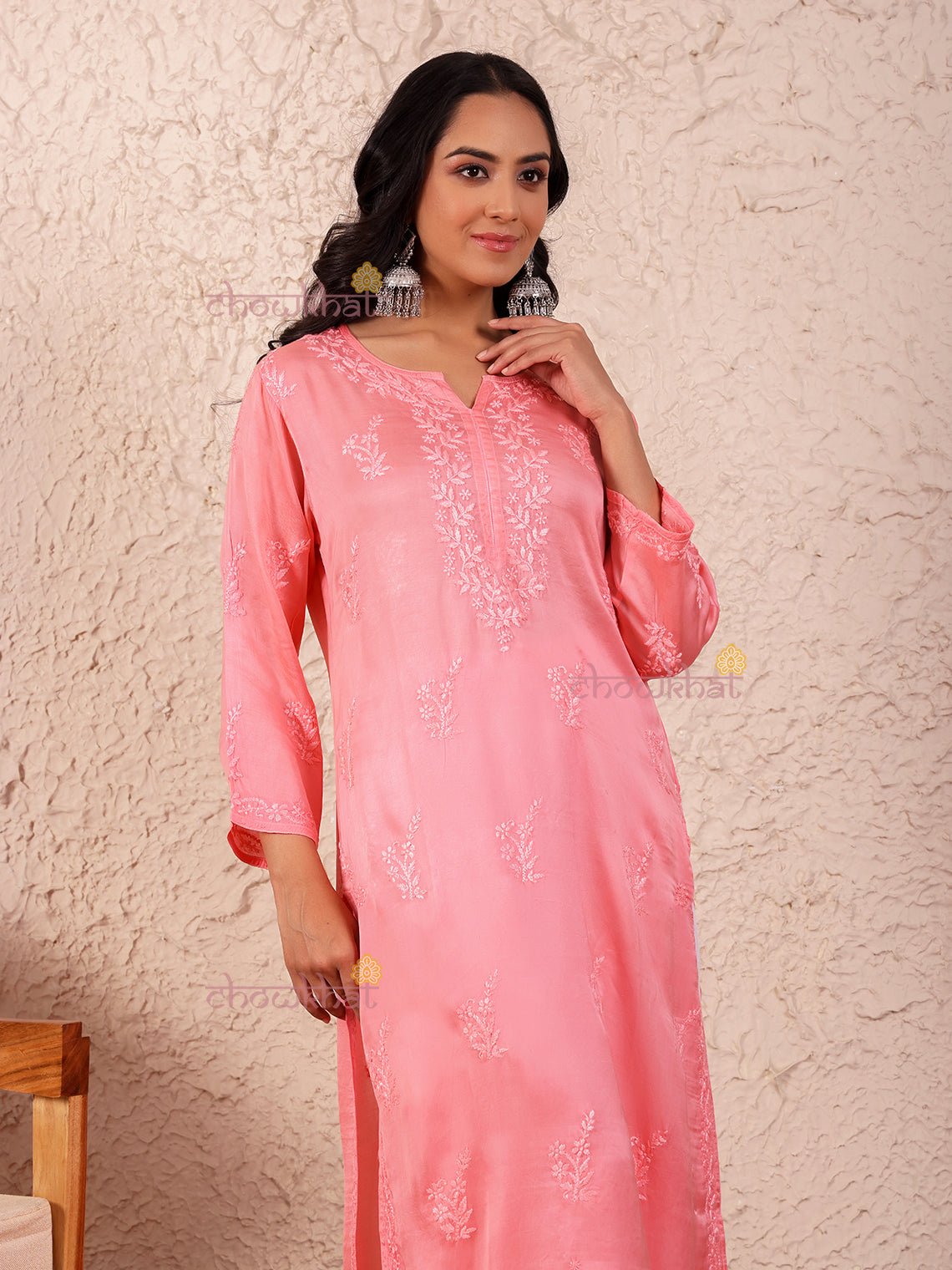 Asma Modal Satin Straight Chikankari Kurti - Chowkhat Lifestyle