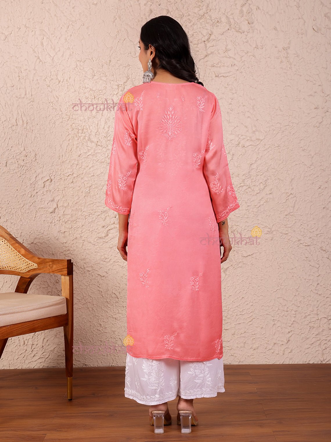 Asma Modal Satin Straight Chikankari Kurti - Chowkhat Lifestyle