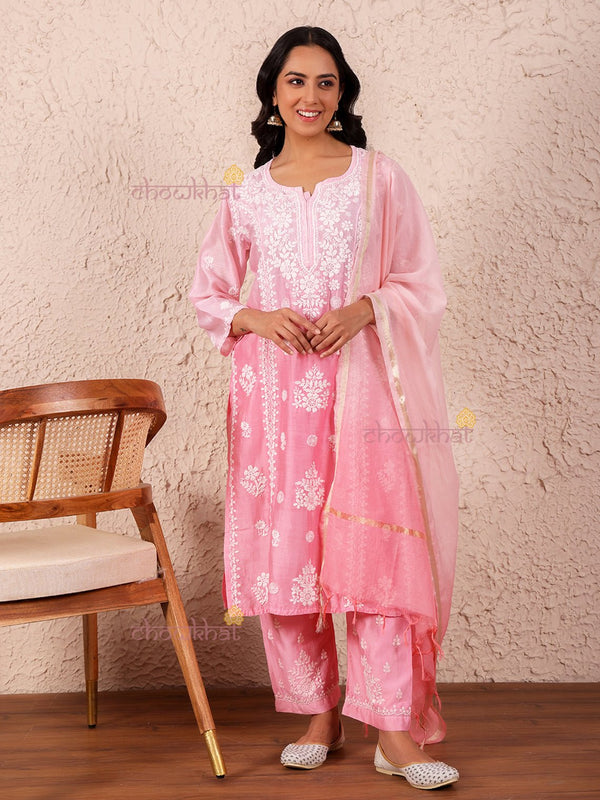 Isla Chanderi Stitched Suit Set With Chikankari - Chowkhat Lifestyle