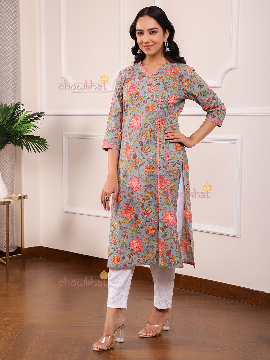 Suhana Printed Angrakha Kurti with Lace Work - Chowkhat Lifestyle