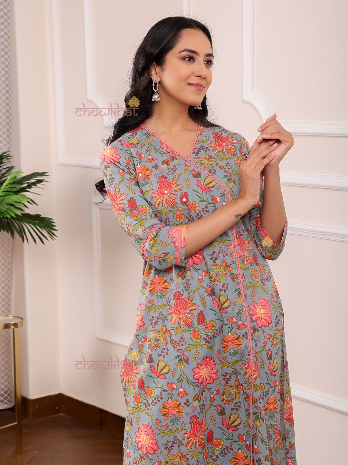 Suhana Printed Angrakha Kurti with Lace Work - Chowkhat Lifestyle