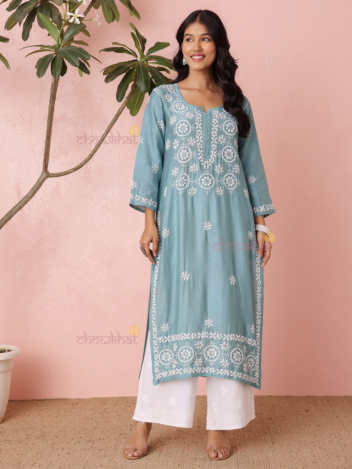 Laya Straight Chanderi Chikankari Kurti with Mukaish Work - Chowkhat Lifestyle