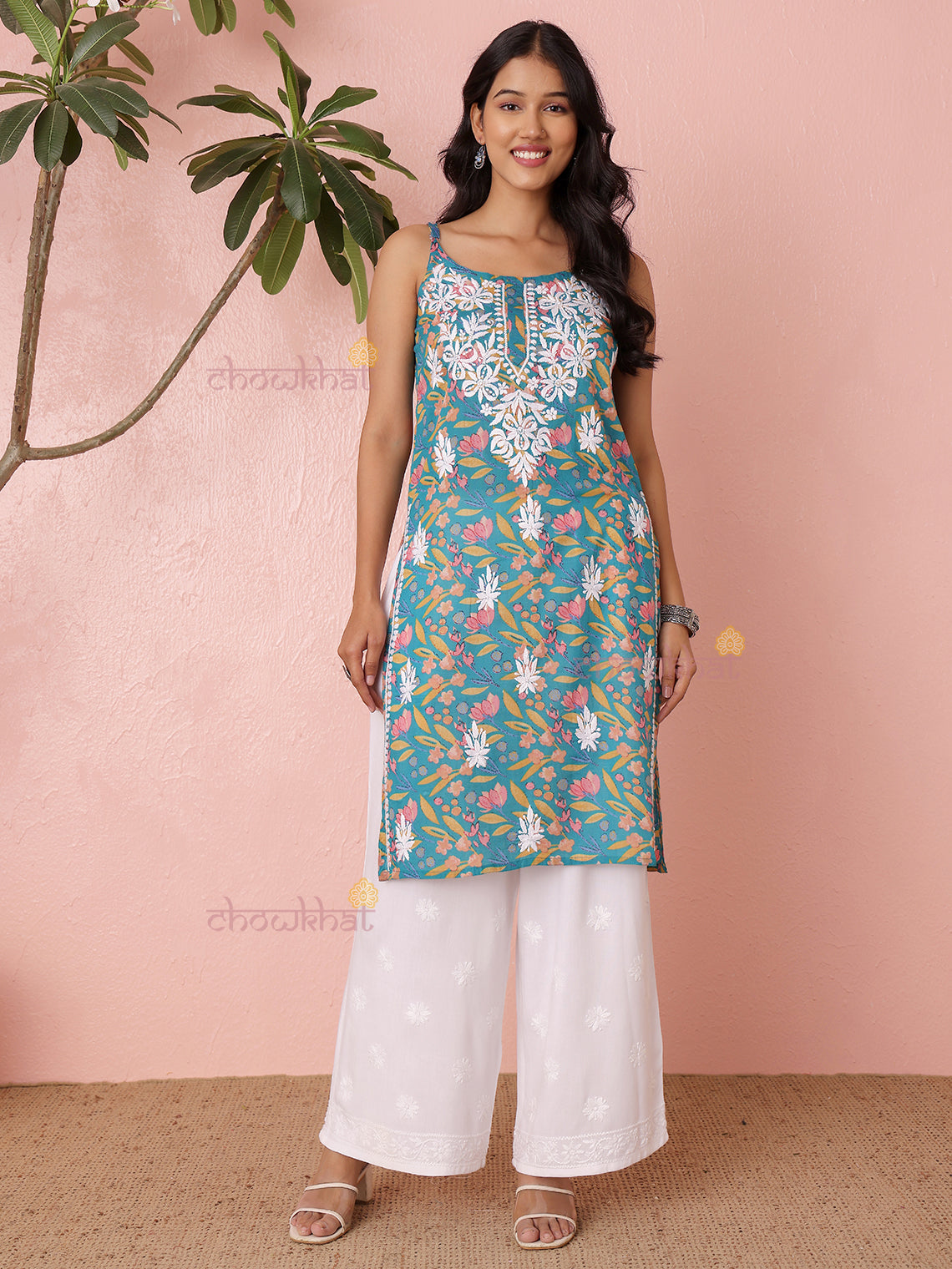 Yashika Straight Long Mul Cotton Chikankari Kurti