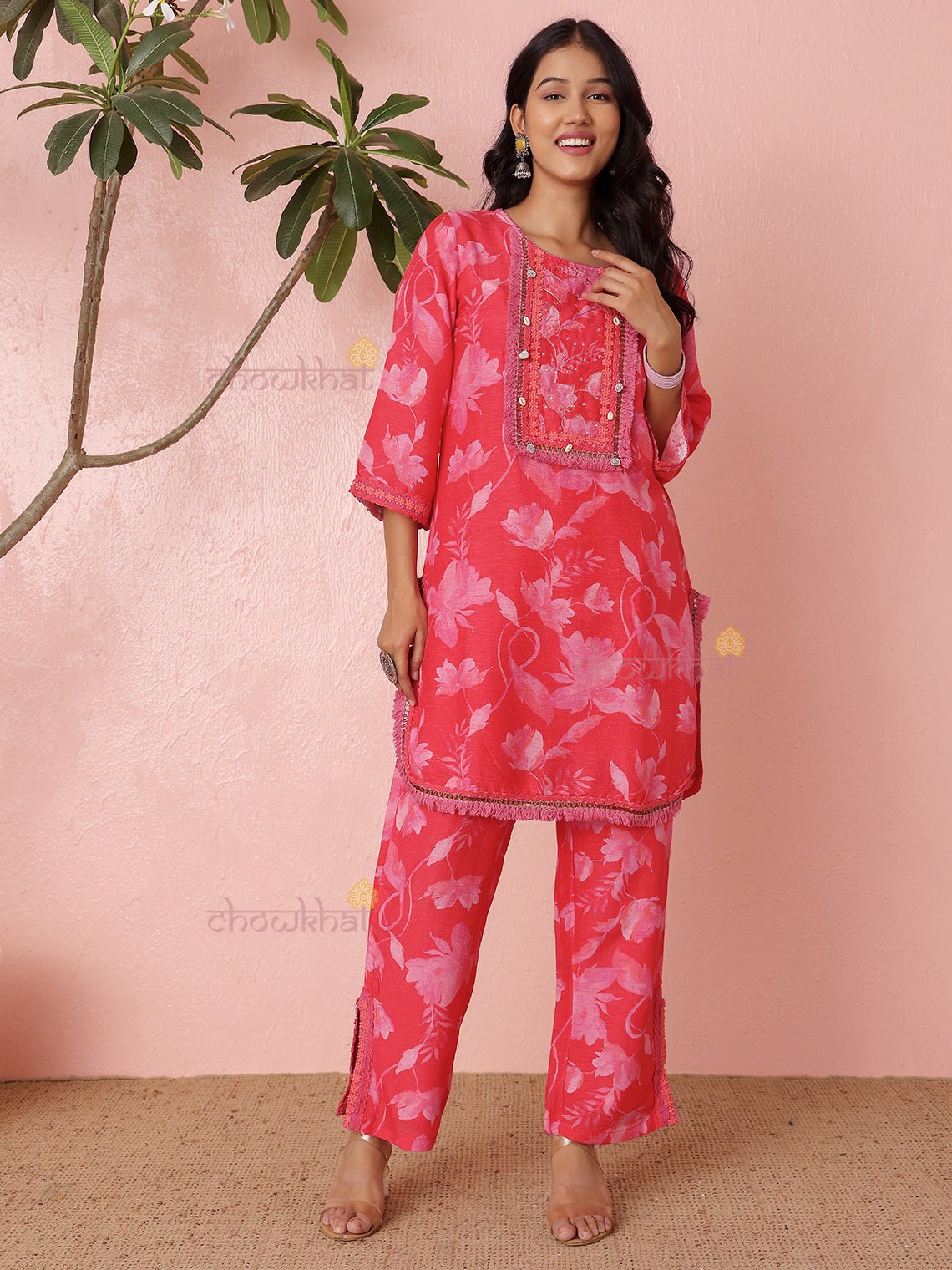 Iram Linen Silk Co - ord Set With Handwork & Lace Detaling - Chowkhat Lifestyle