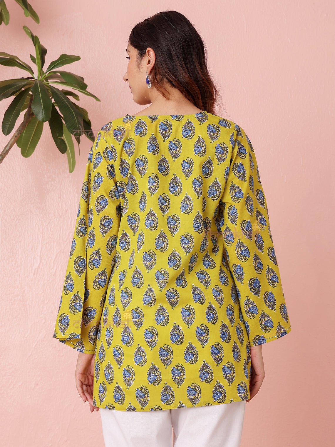 Tavi Short Hand Printed Cotton Kurti With Kantha work - Chowkhat Lifestyle