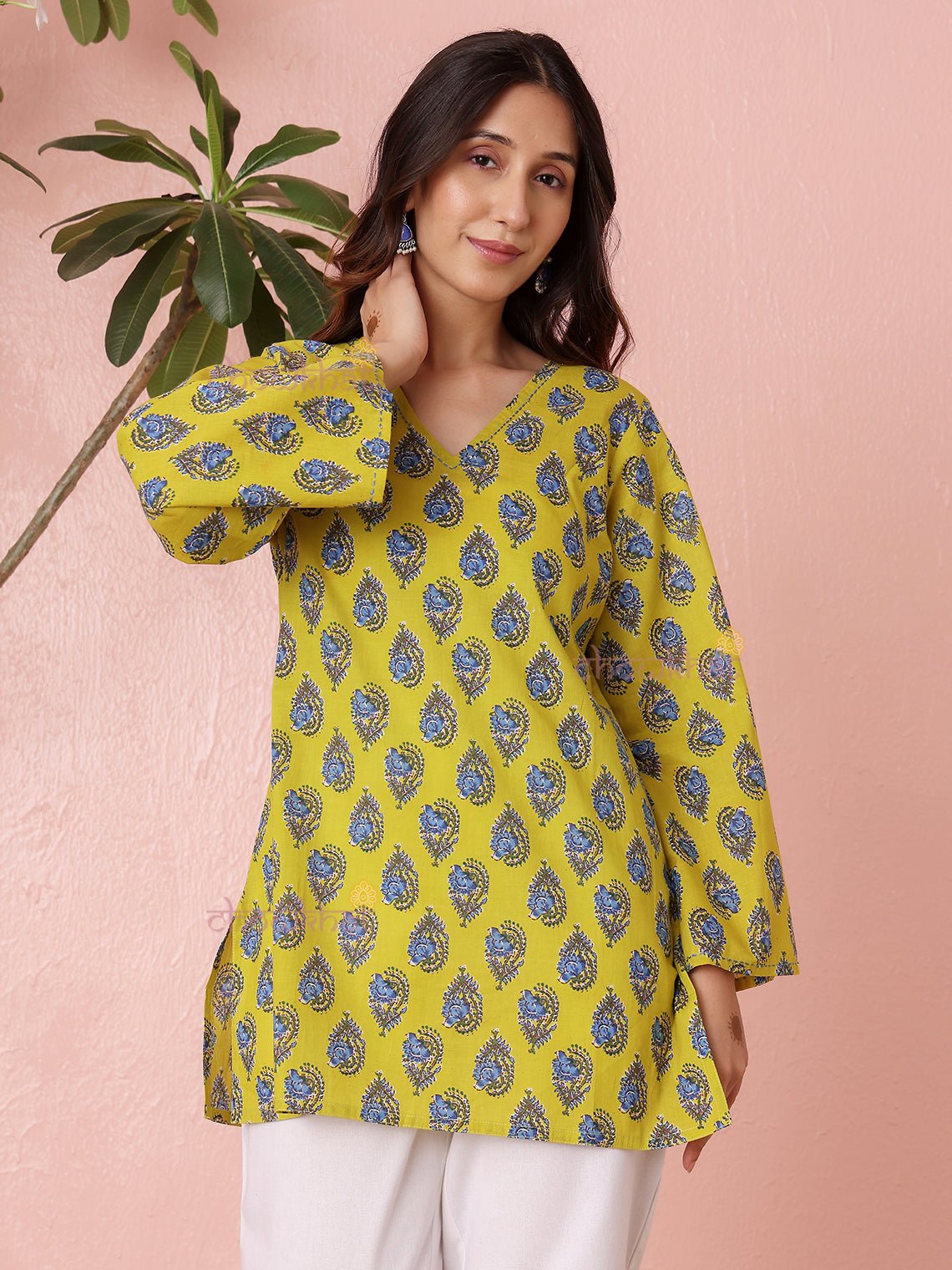 Tavi Short Hand Printed Cotton Kurti With Kantha work - Chowkhat Lifestyle