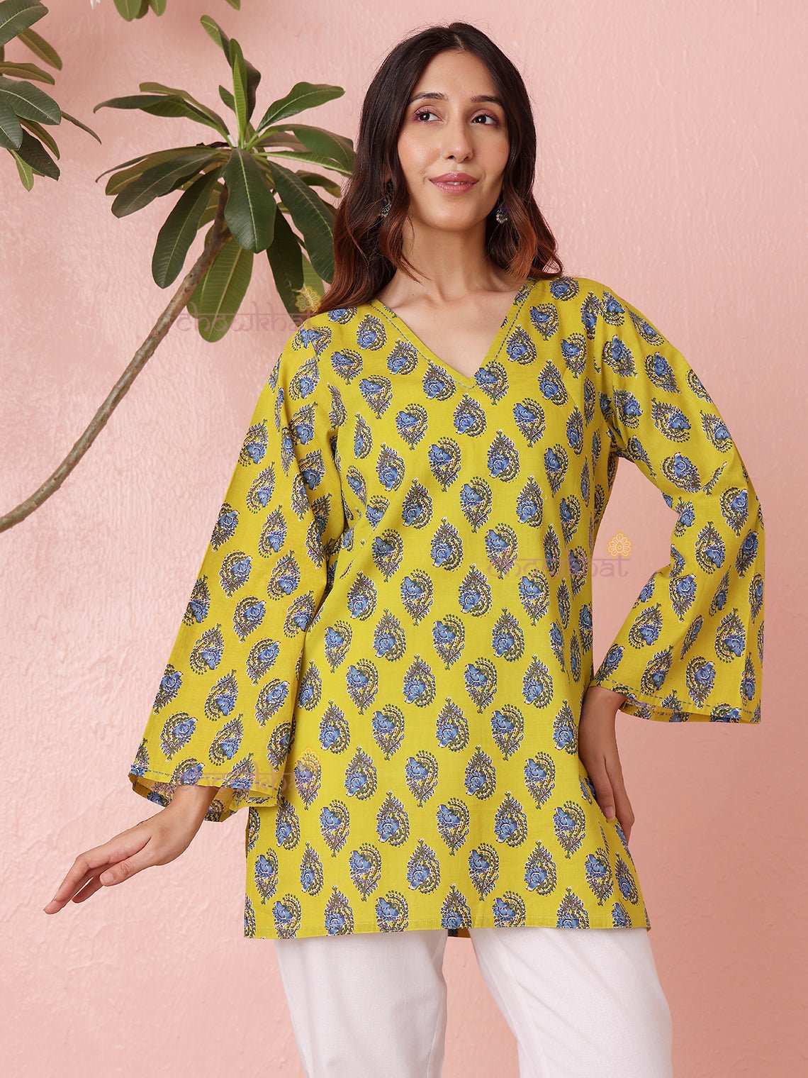 Tavi Short Hand Printed Cotton Kurti With Kantha work - Chowkhat Lifestyle