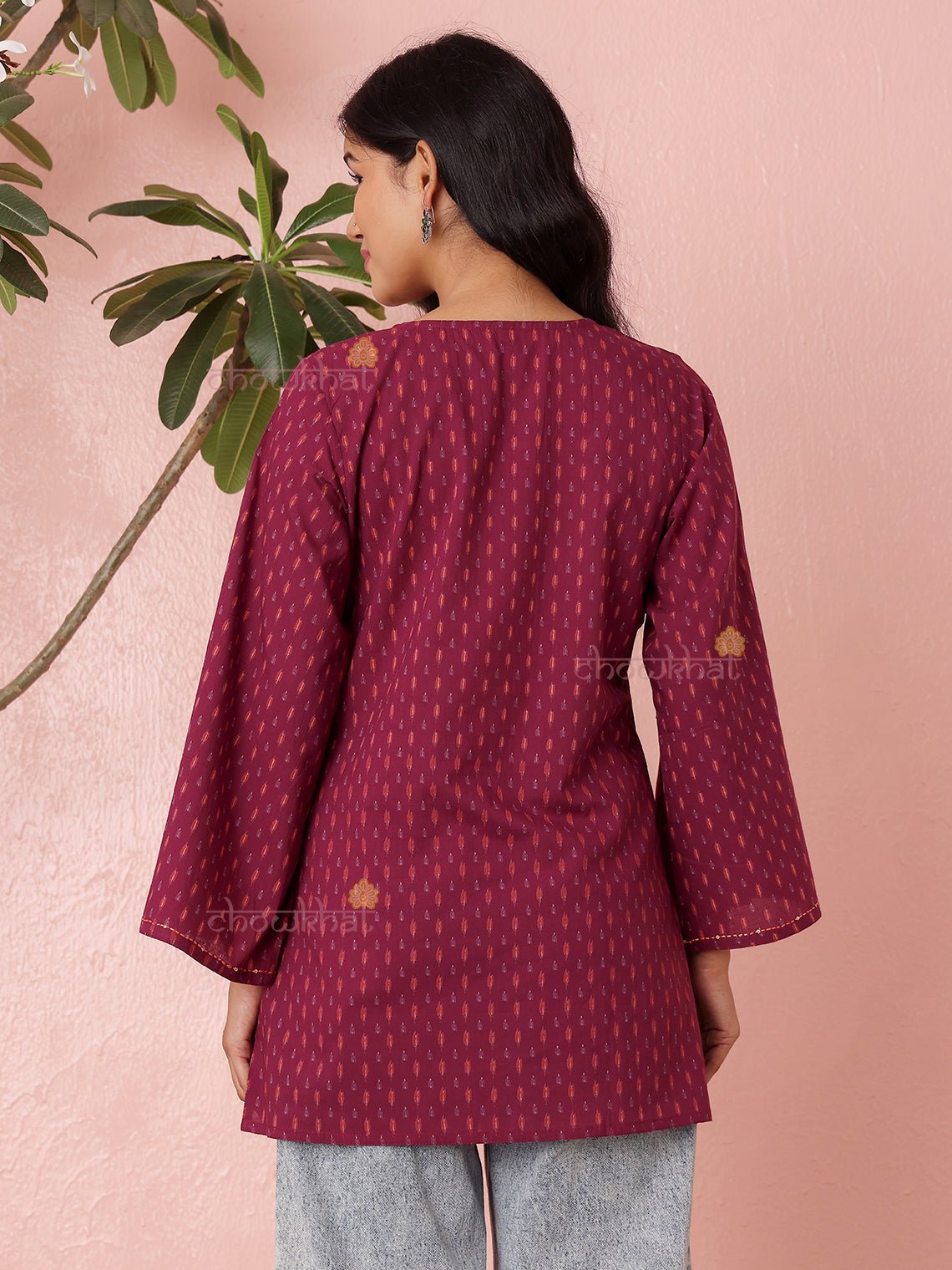 Kavya Short Hand Printed Cotton Kurti With Kantha Work - Chowkhat Lifestyle