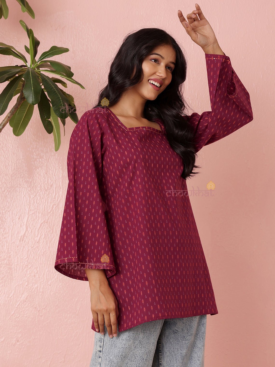 Kavya Short Hand Printed Cotton Kurti With Kantha Work - Chowkhat Lifestyle