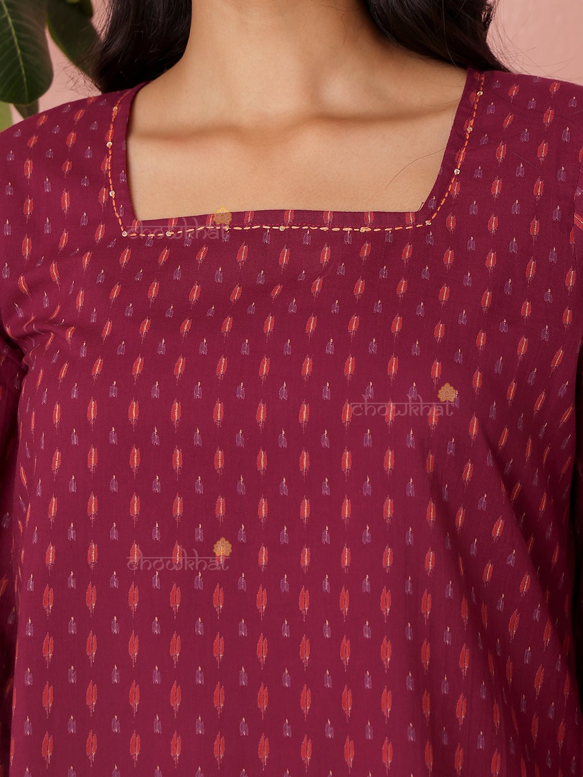 Kavya Short Hand Printed Cotton Kurti With Kantha Work - Chowkhat Lifestyle