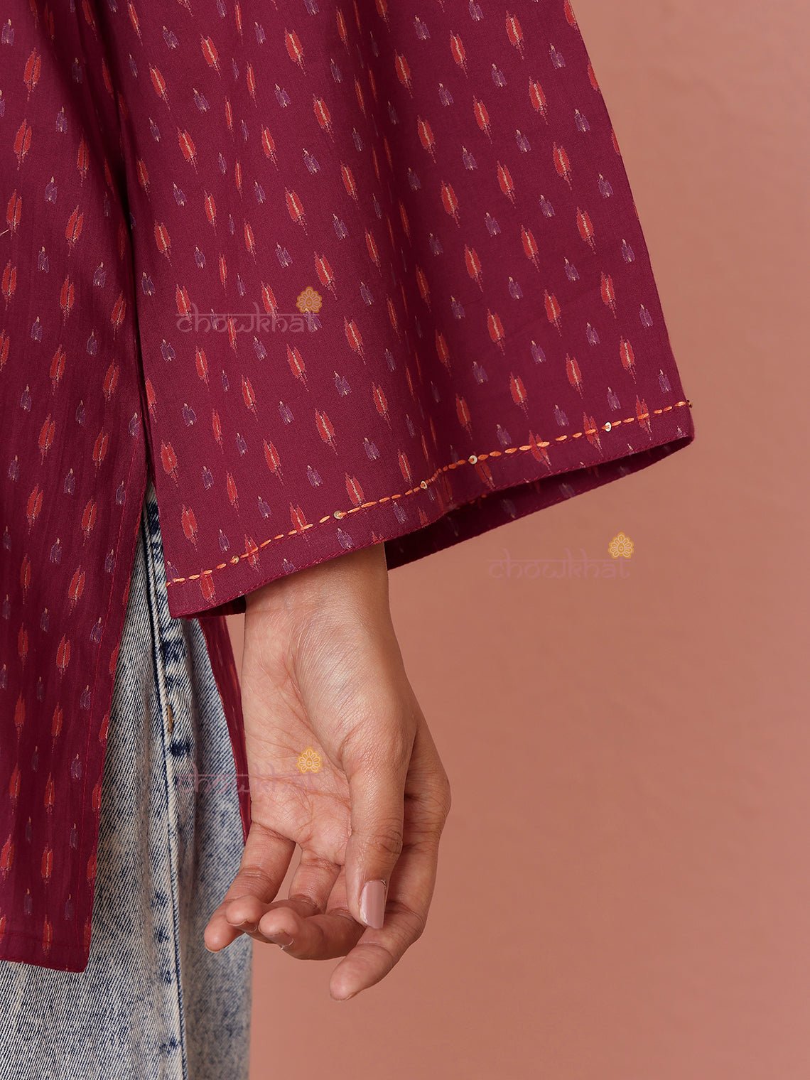 Kavya Short Hand Printed Cotton Kurti With Kantha Work - Chowkhat Lifestyle