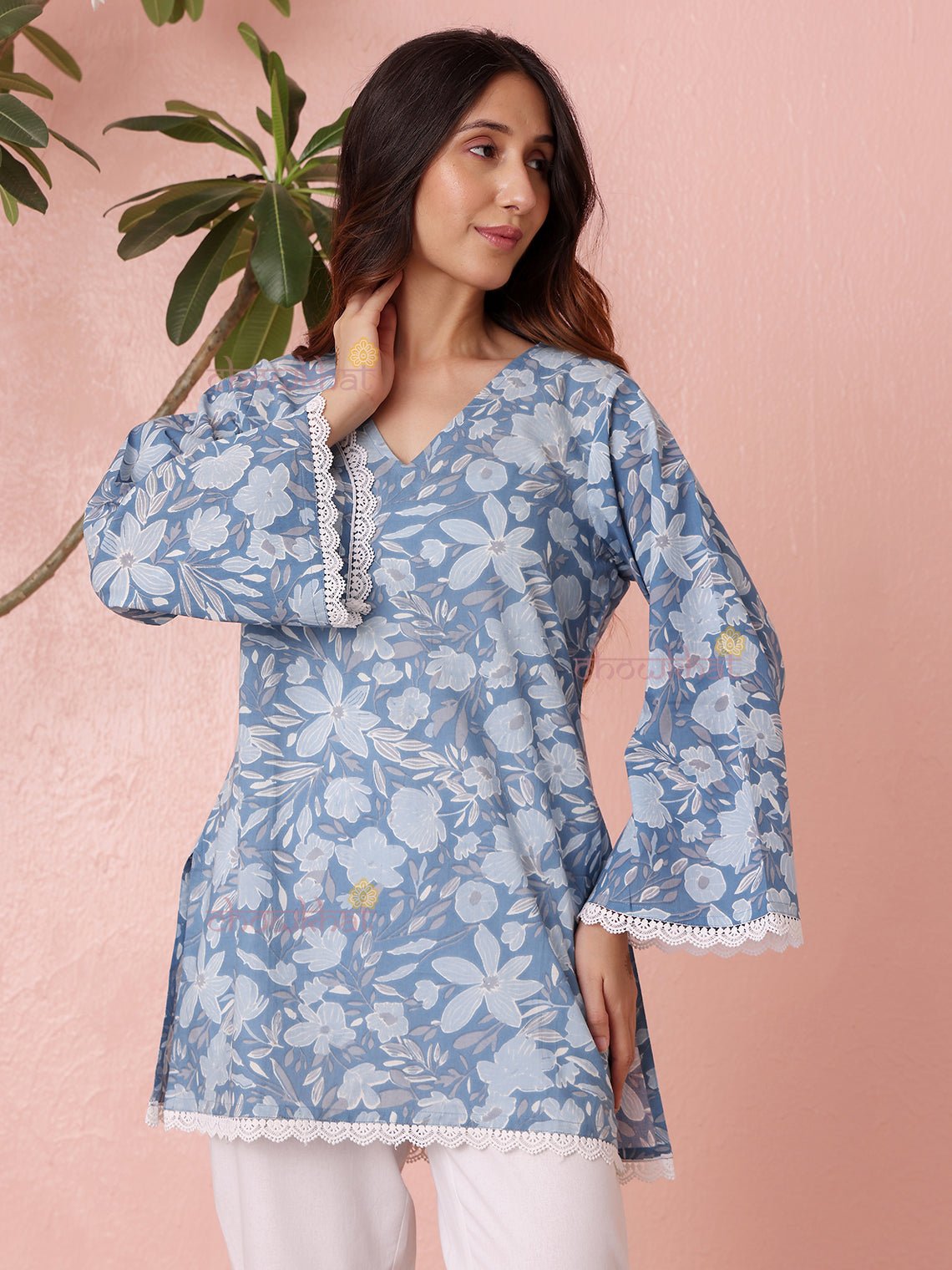 Shriya Short Hand Printed Cotton Kurti With Lace Detailing - Chowkhat Lifestyle