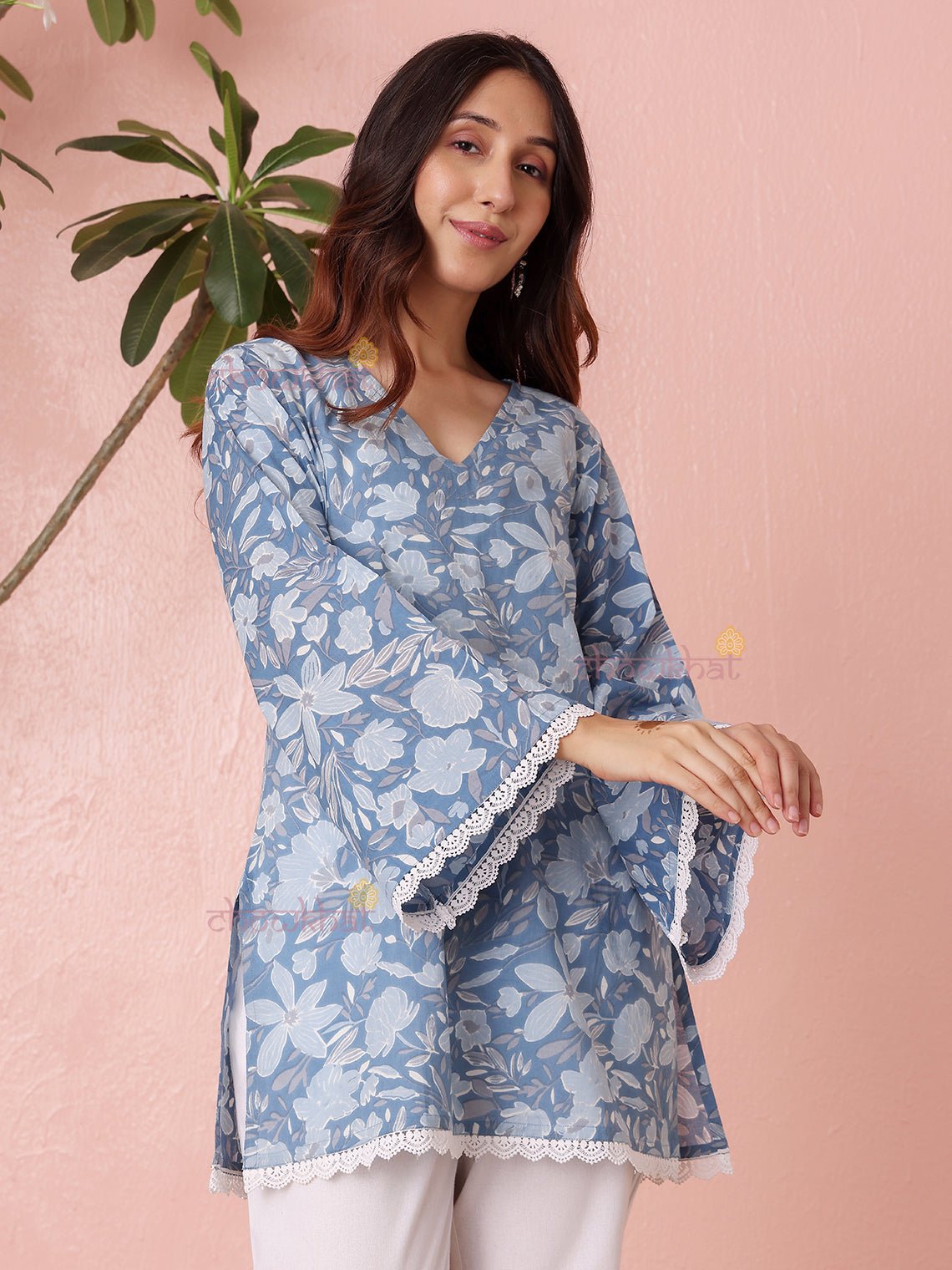 Shriya Short Hand Printed Cotton Kurti With Lace Detailing - Chowkhat Lifestyle
