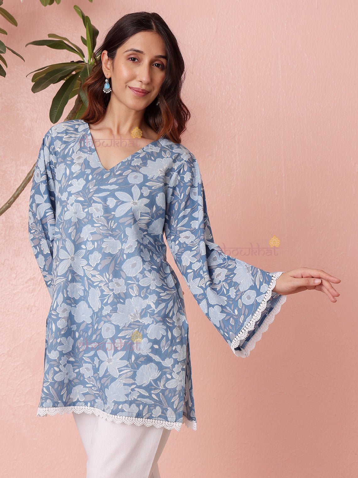 Shriya Short Hand Printed Cotton Kurti With Lace Detailing - Chowkhat Lifestyle