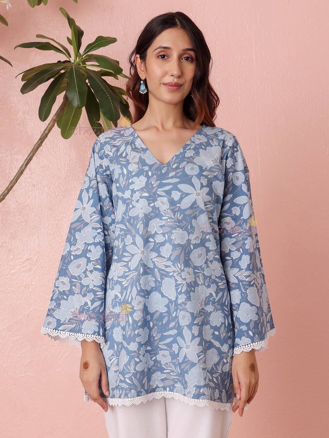 Shriya Short Hand Printed Cotton Kurti With Lace Detailing - Chowkhat Lifestyle