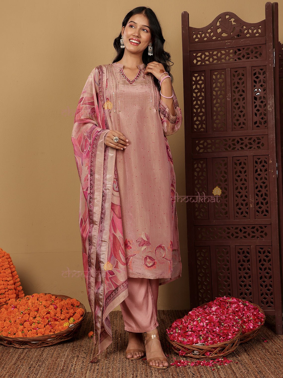 Kusum Tissue Stitched Premium Suit Set with attached Lining & Handwork - Chowkhat Lifestyle