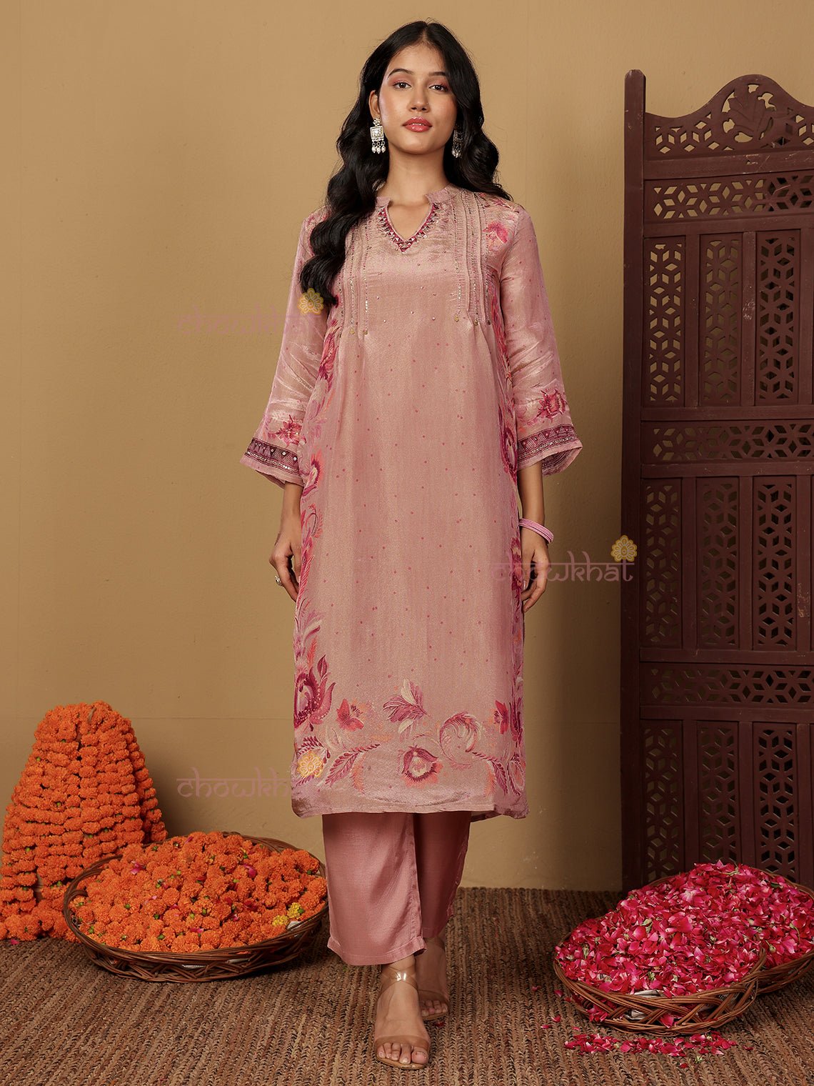 Kusum Tissue Stitched Premium Suit Set with attached Lining & Handwork - Chowkhat Lifestyle