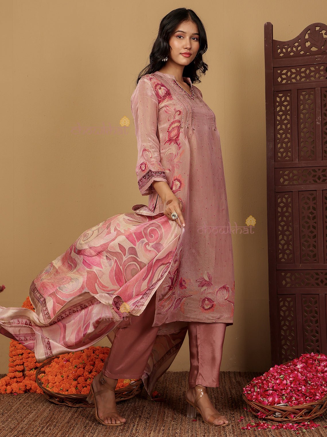 Kusum Tissue Stitched Premium Suit Set with attached Lining & Handwork - Chowkhat Lifestyle