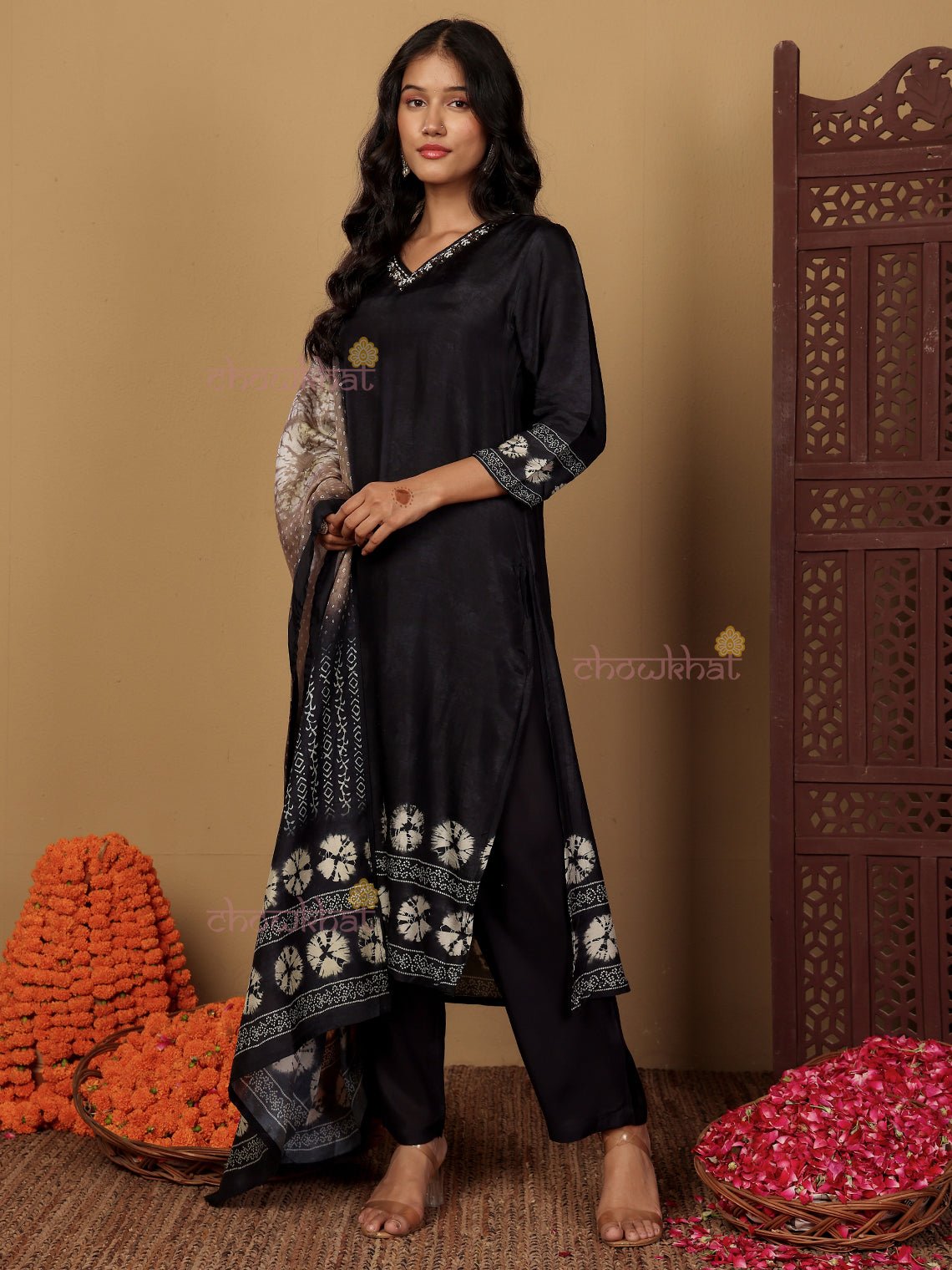 Netra Bandhani Print Silk 3 Piece Stitched Suit Set With Hand Embroidery - Chowkhat Lifestyle
