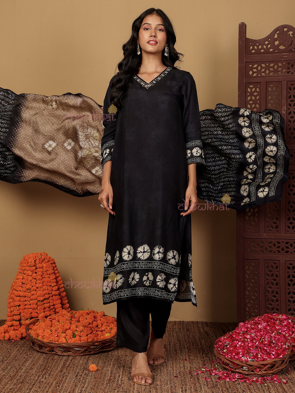 Netra Bandhani Print Silk 3 Piece Stitched Suit Set With Hand Embroidery - Chowkhat Lifestyle