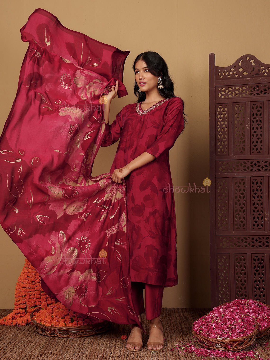 Srisha Hand Embroidered Printed Muslin 3 Piece Stitched Suit Set - Chowkhat Lifestyle