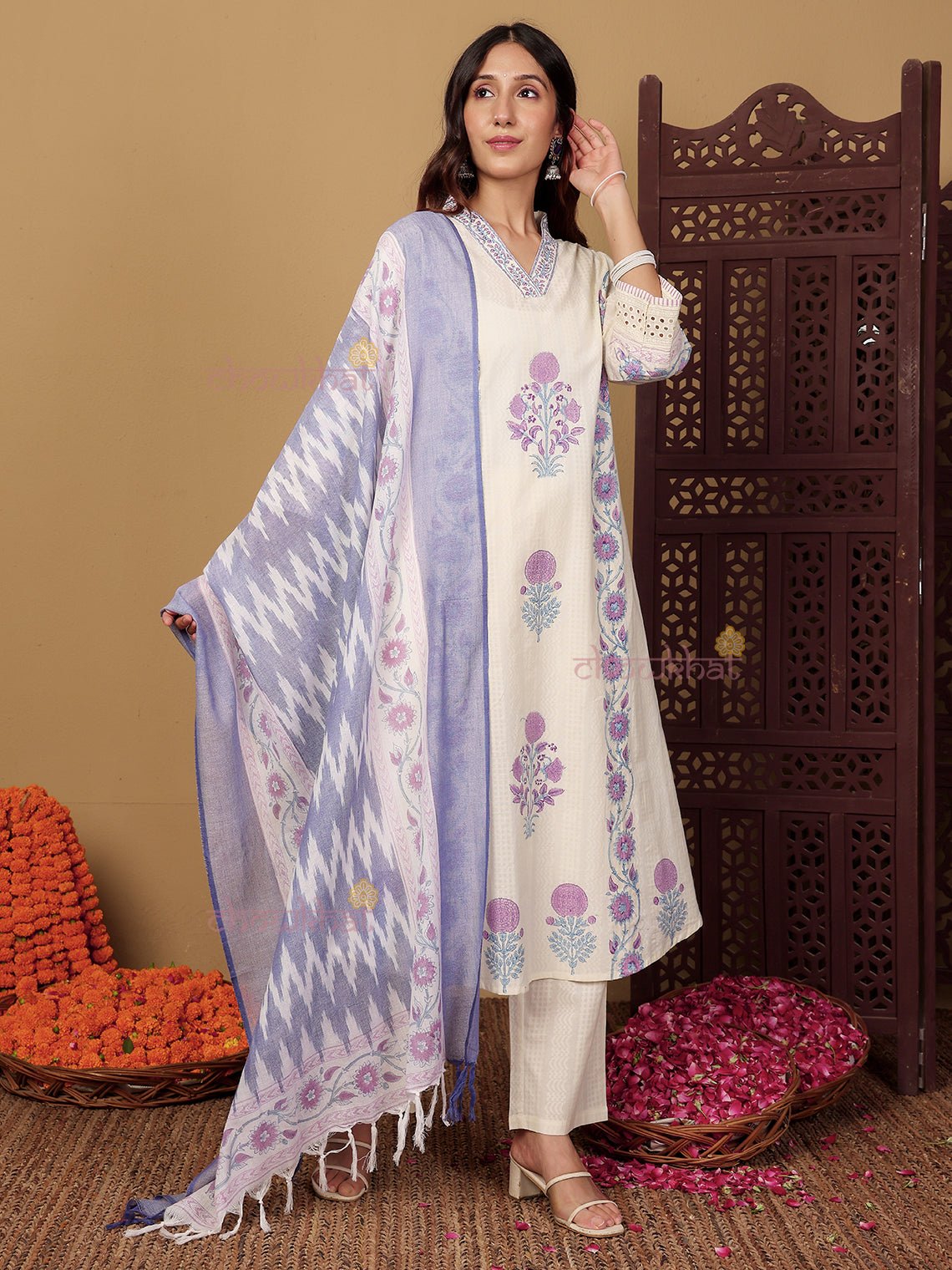 Bagh Hand Block Pure Cotton 3 Piece Stitched Suit Set with Dupatta - Chowkhat Lifestyle