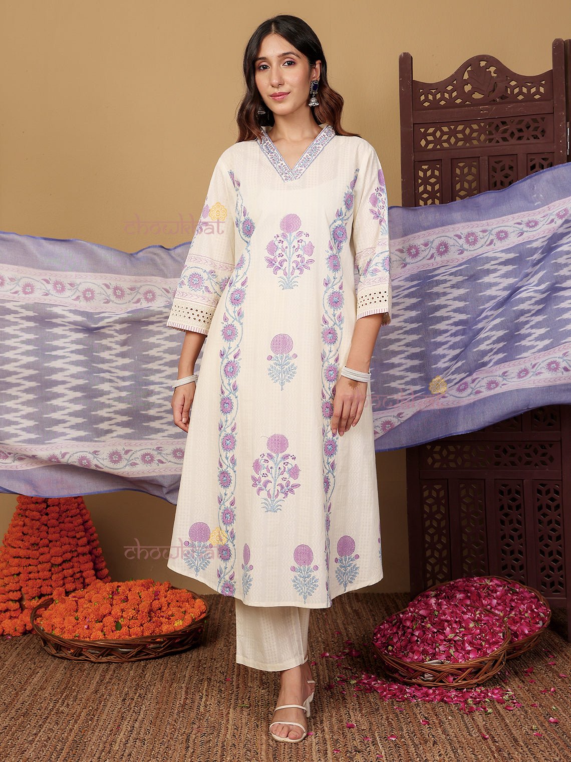 Bagh Hand Block Pure Cotton 3 Piece Stitched Suit Set with Dupatta - Chowkhat Lifestyle