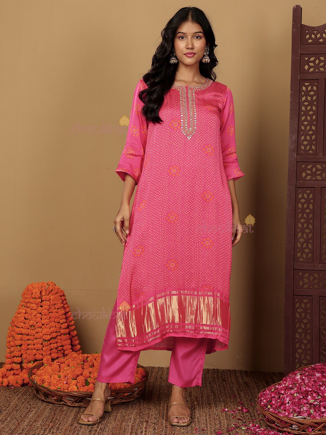 Qala Modal Satin Bandhani 3 Piece Stitched Suit Set with Handwork - Chowkhat Lifestyle