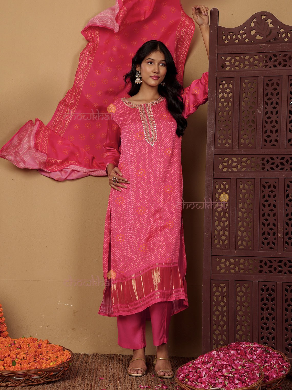 Qala Modal Satin Bandhani 3 Piece Stitched Suit Set with Handwork - Chowkhat Lifestyle