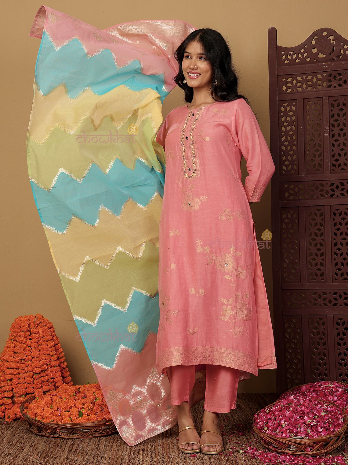 Antara Linen Jacquard 3 Piece Stitched Suit Set with Handwork - Chowkhat Lifestyle