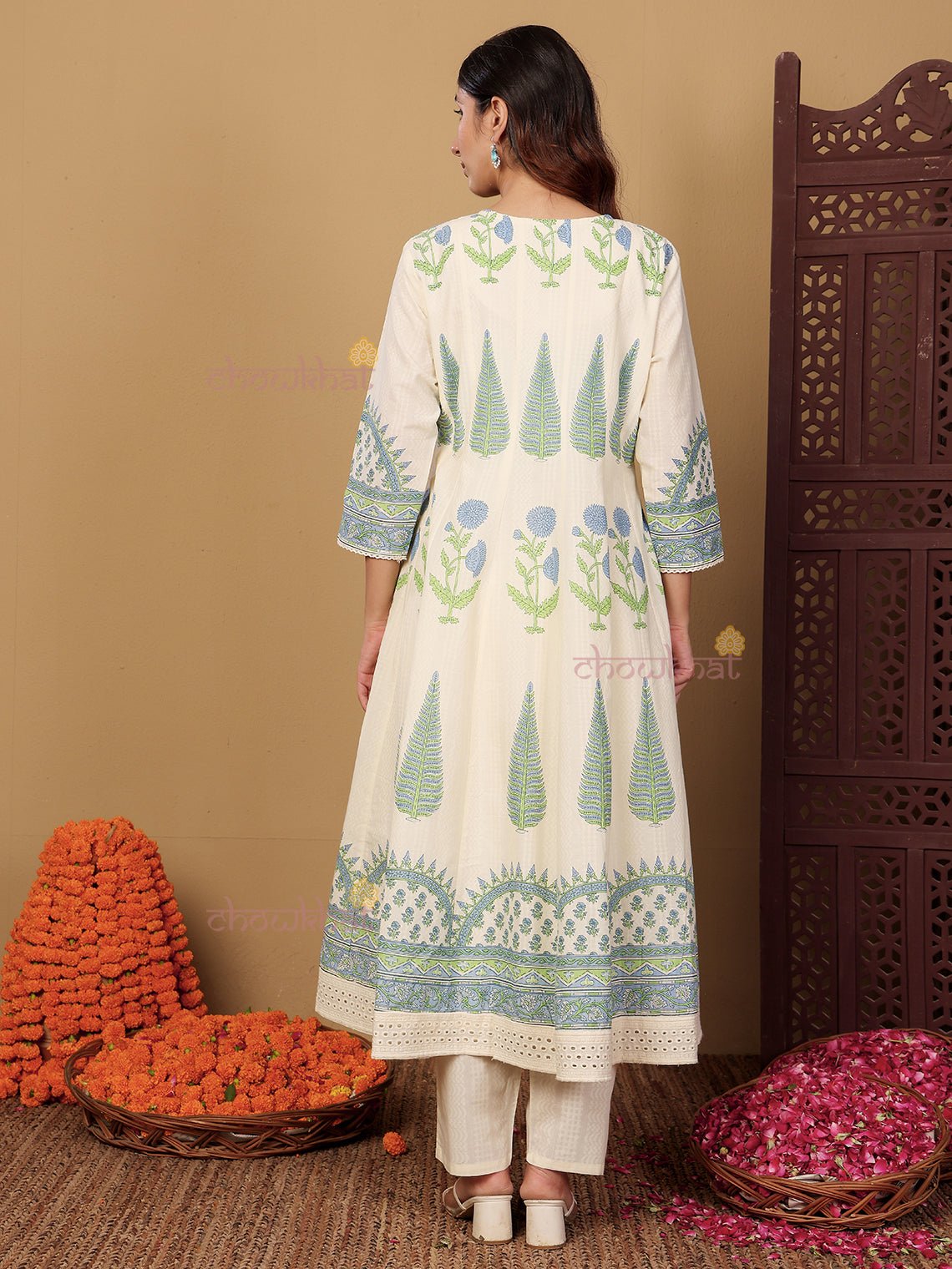 Bagh Anarkali Hand Block 3 Piece Stitched Suit Set with Kota Doria Dupatta & Handwork - Chowkhat Lifestyle
