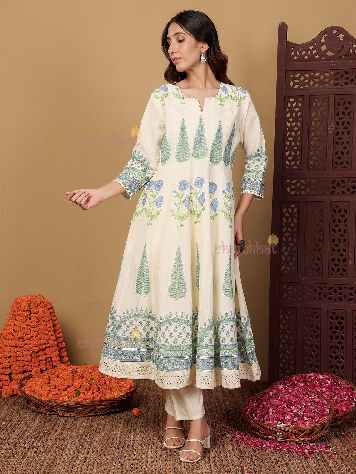 Bagh Anarkali Hand Block 3 Piece Stitched Suit Set with Kota Doria Dupatta & Handwork - Chowkhat Lifestyle