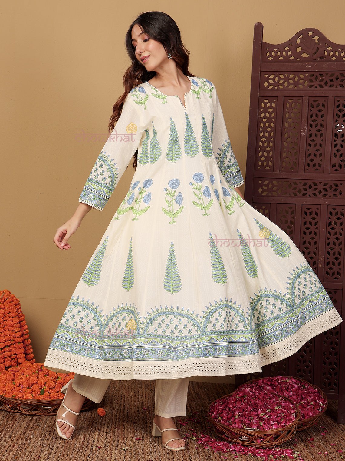 Bagh Anarkali Hand Block 3 Piece Stitched Suit Set with Kota Doria Dupatta & Handwork - Chowkhat Lifestyle