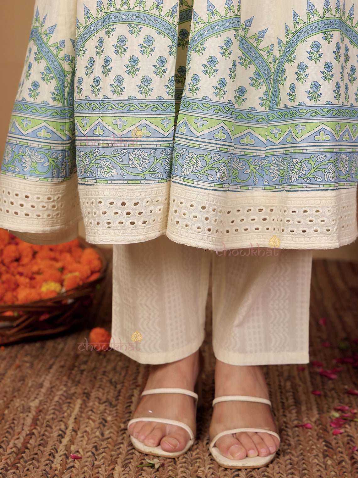 Bagh Anarkali Hand Block 3 Piece Stitched Suit Set with Kota Doria Dupatta & Handwork - Chowkhat Lifestyle
