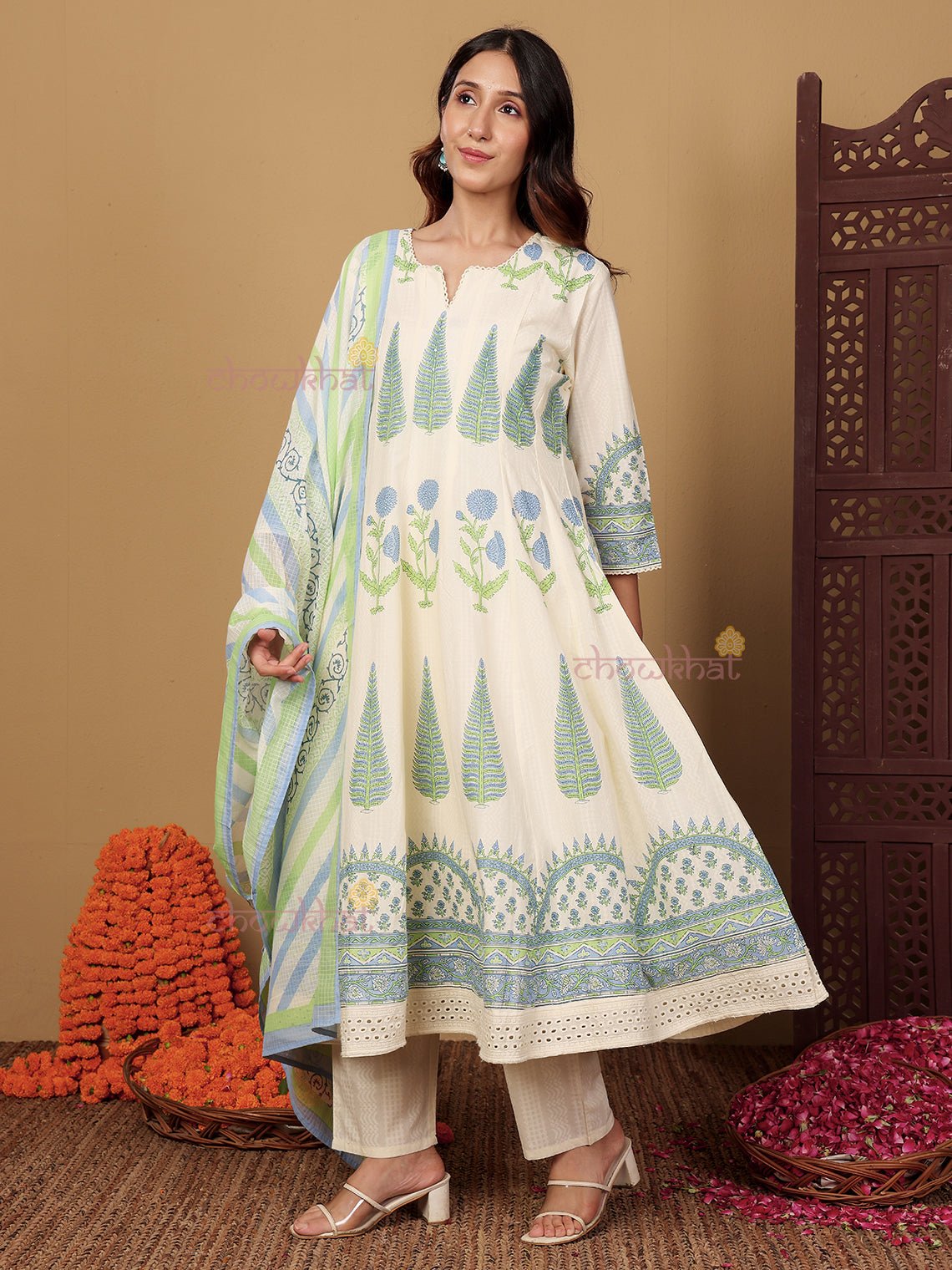 Bagh Anarkali Hand Block 3 Piece Stitched Suit Set with Kota Doria Dupatta & Handwork - Chowkhat Lifestyle