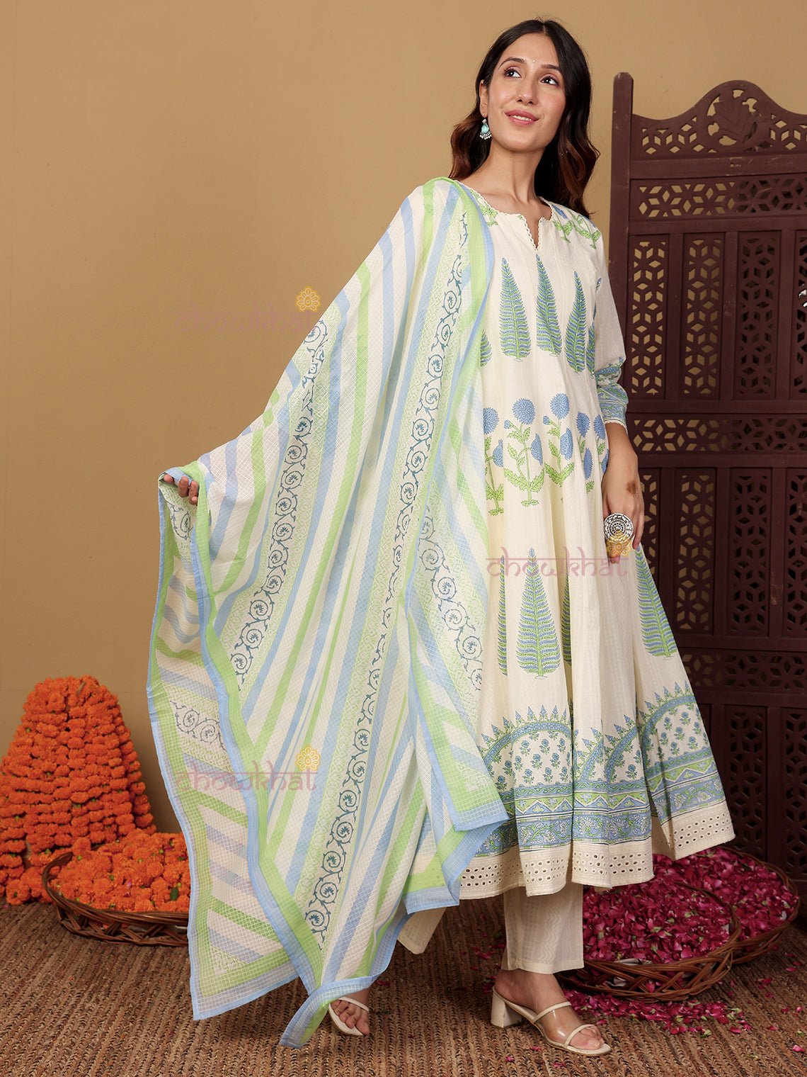 Bagh Anarkali Hand Block 3 Piece Stitched Suit Set with Kota Doria Dupatta & Handwork - Chowkhat Lifestyle