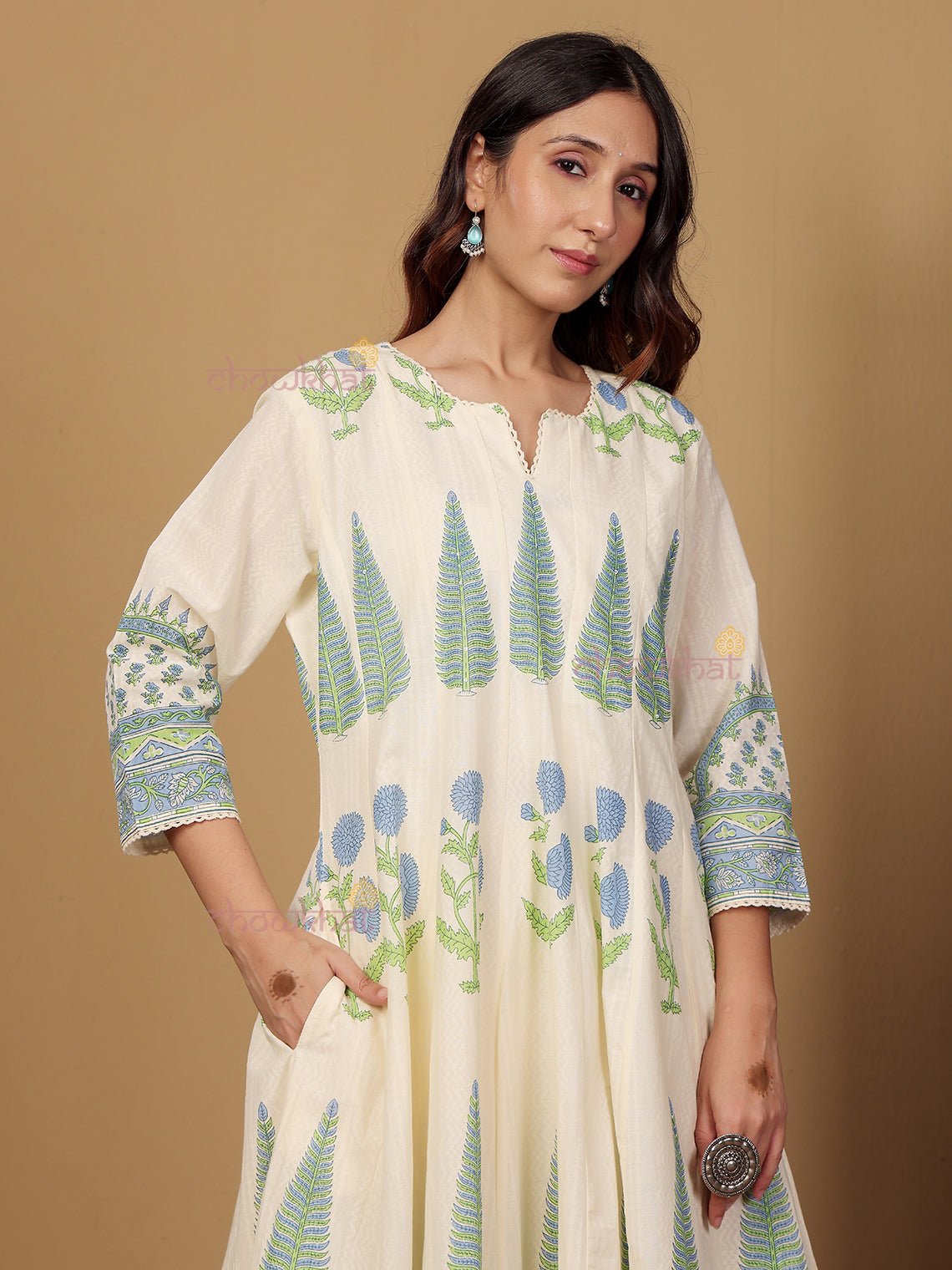 Bagh Anarkali Hand Block 3 Piece Stitched Suit Set with Kota Doria Dupatta & Handwork - Chowkhat Lifestyle