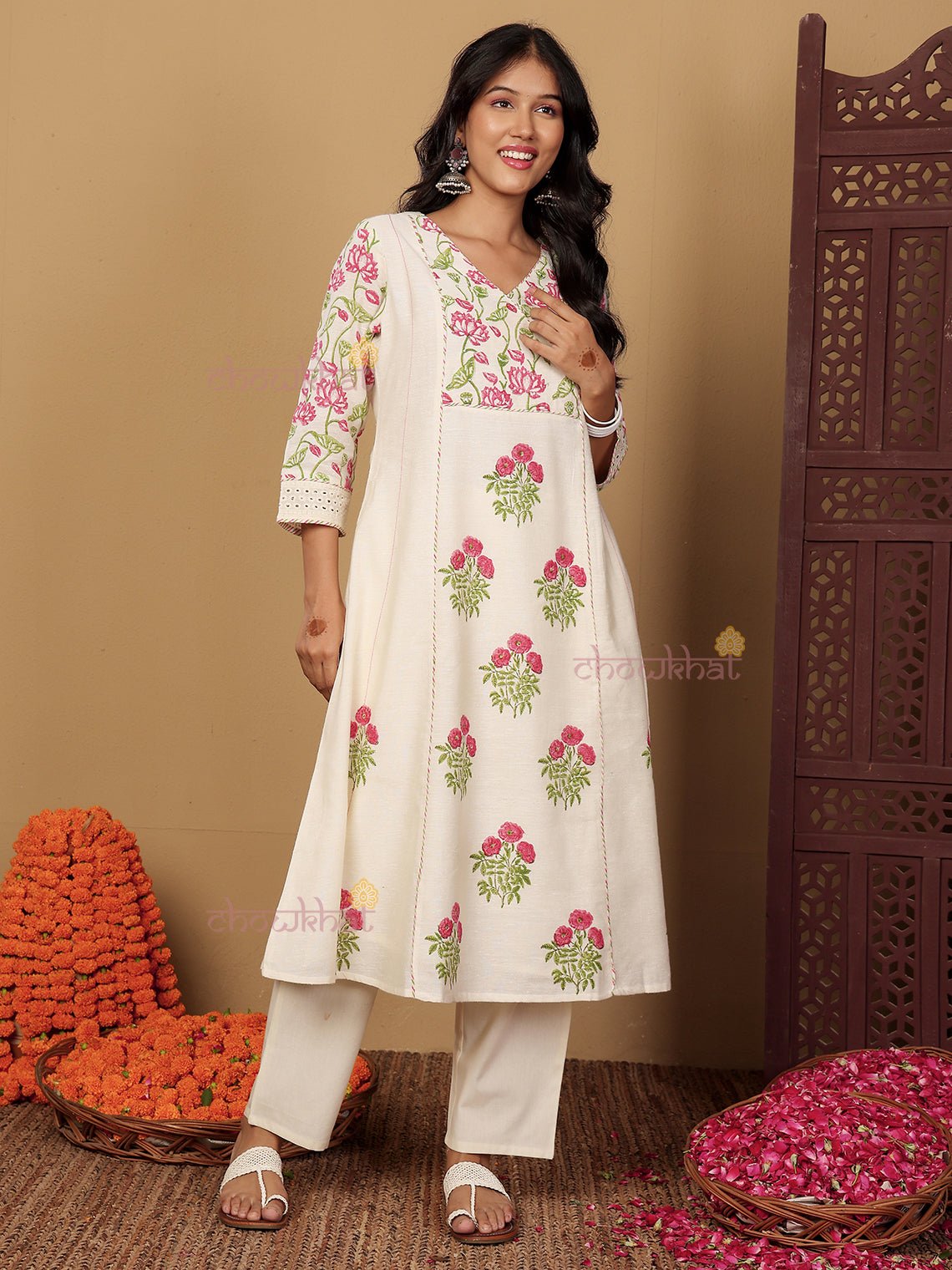 Bagh Hand Block 3 Piece Stitched Suit Set with Kota Doria Dupatta & Sequence Detaling - Chowkhat Lifestyle