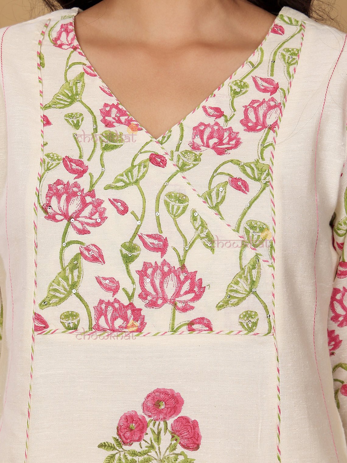 Bagh Hand Block 3 Piece Stitched Suit Set with Kota Doria Dupatta & Sequence Detaling - Chowkhat Lifestyle
