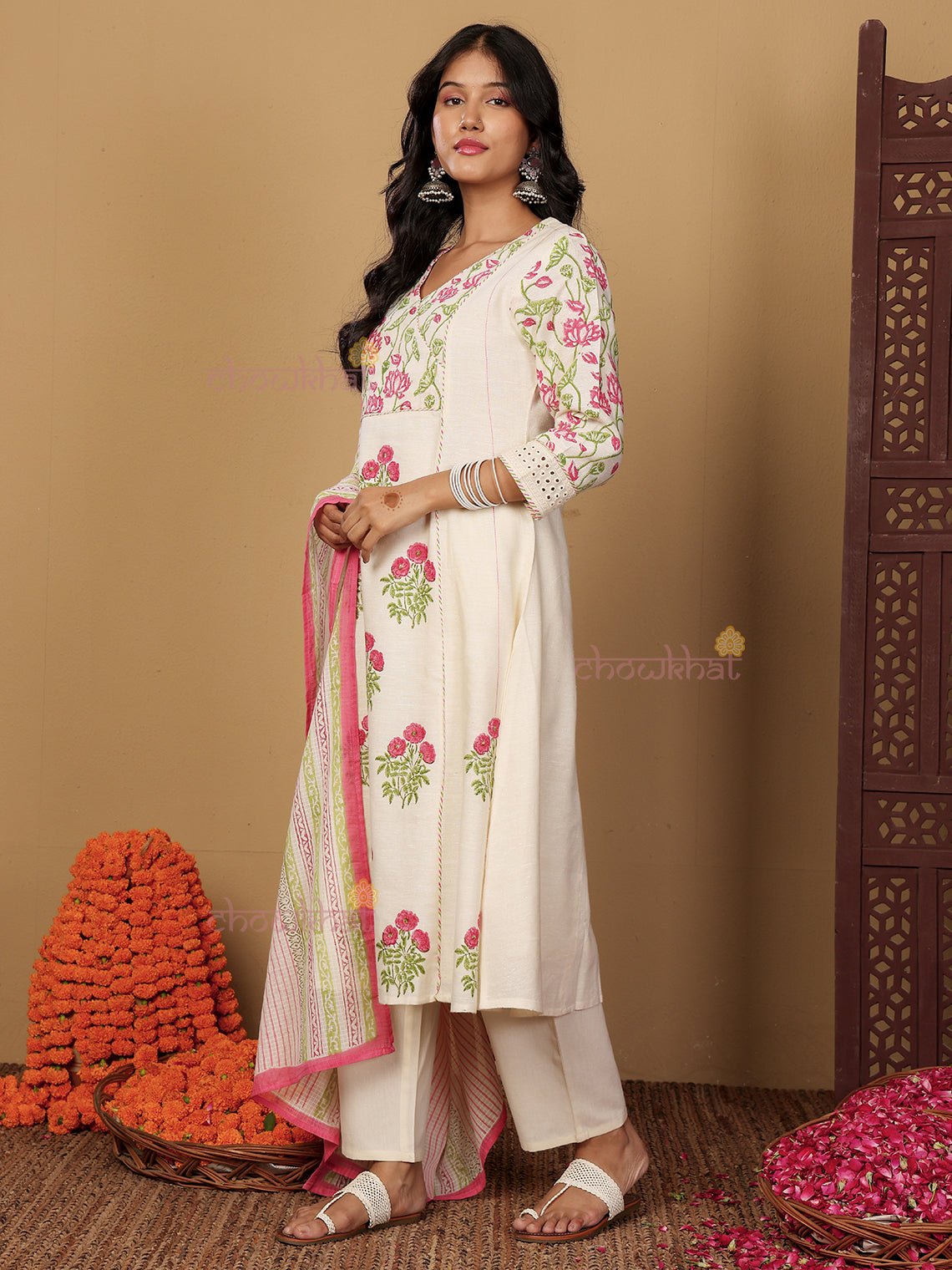 Bagh Hand Block 3 Piece Stitched Suit Set with Kota Doria Dupatta & Sequence Detaling - Chowkhat Lifestyle