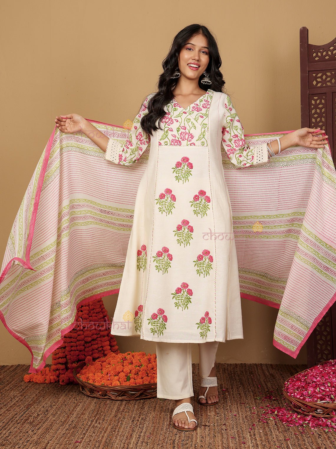 Bagh Hand Block 3 Piece Stitched Suit Set with Kota Doria Dupatta & Sequence Detaling - Chowkhat Lifestyle