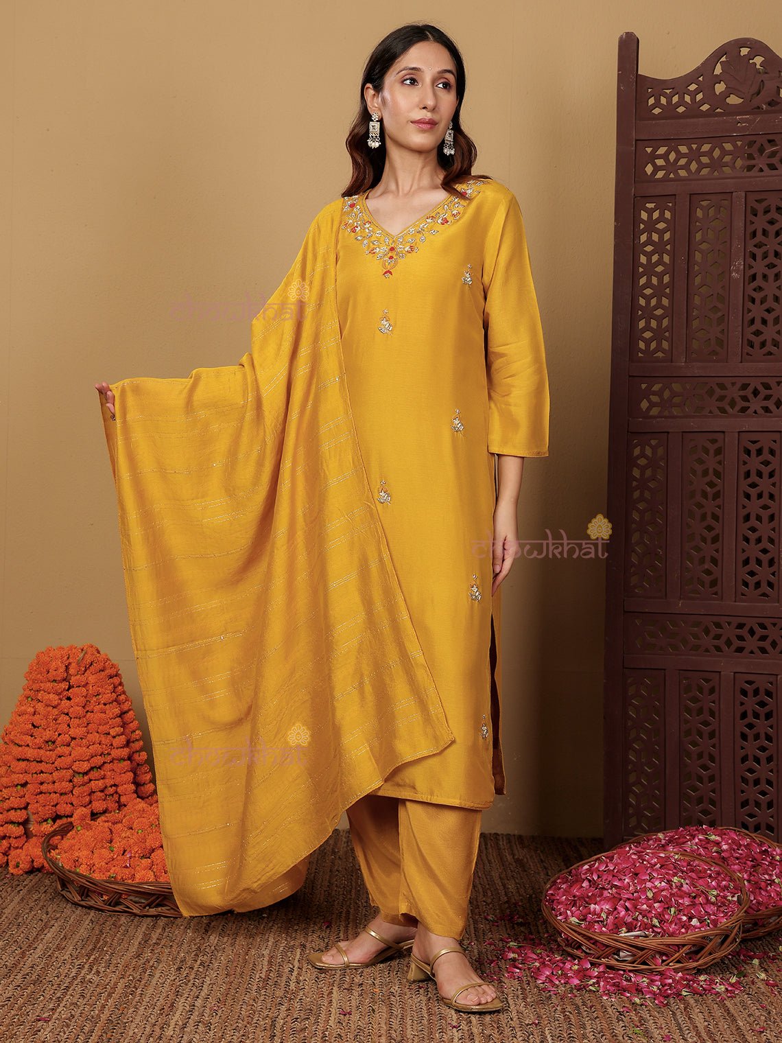 Anaisha Premium Silk 3 Piece Stitched Suit Set with Handwork - Chowkhat Lifestyle