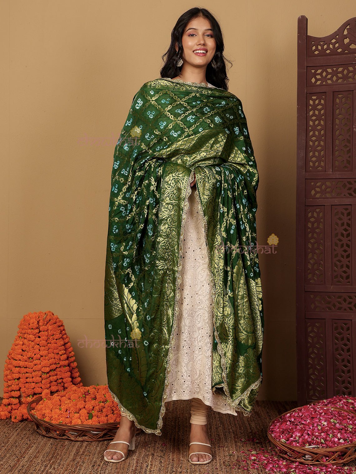 Lalita Banarasi Bandhej Dupatta With Lace Detailing - Chowkhat Lifestyle