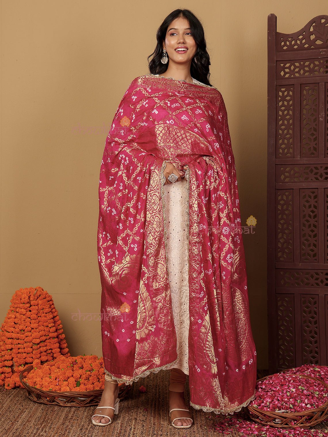 Lalita Banarasi Bandhej Dupatta With Lace Detailing - Chowkhat Lifestyle