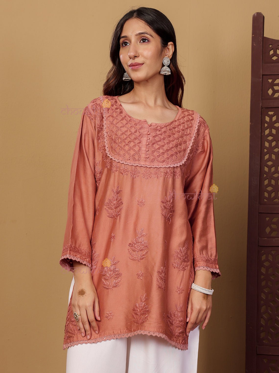 Zaiba Chanderi Straight Short Chikankari Kurti with Lace Detaling - Chowkhat Lifestyle