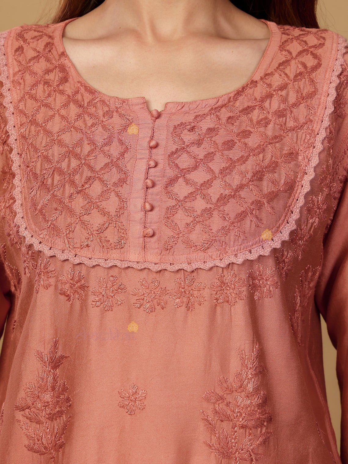 Zaiba Chanderi Straight Short Chikankari Kurti with Lace Detaling - Chowkhat Lifestyle