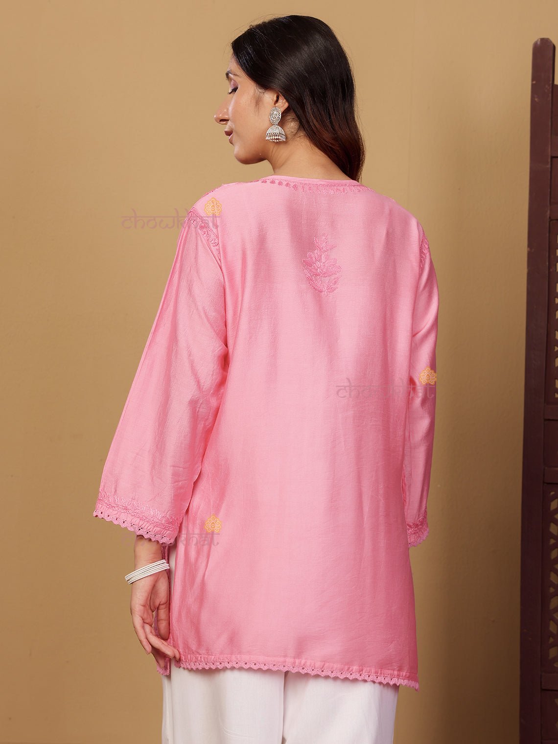 Zaiba Chanderi Straight Short Chikankari Kurti with Lace Detaling - Chowkhat Lifestyle